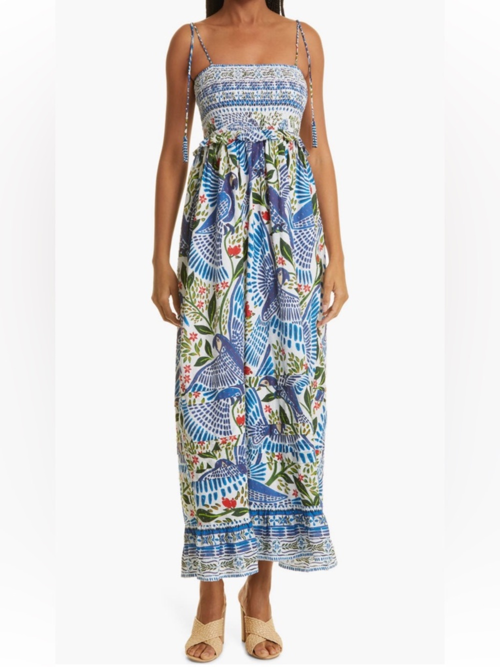 FARM Rio Macaw Flight Smocked Tiered Hem Cotton Dress